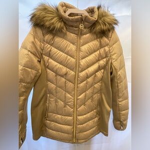 Michael Kors Soft Gold Metallic Puffer Coat Faux Fur Hood Down Fill Size L